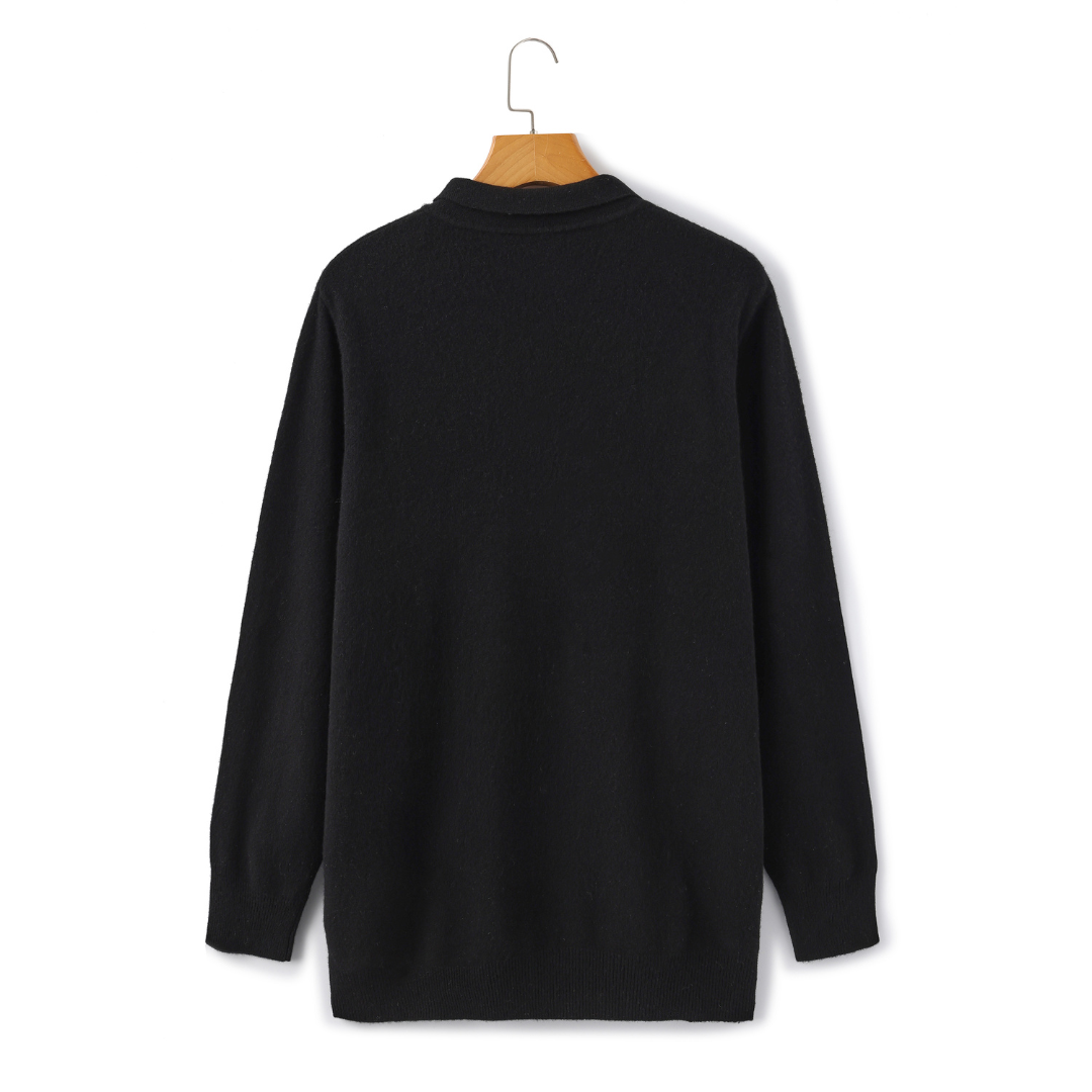 Men's soft knit polo jumper Ferris in Black – back view on hanger
