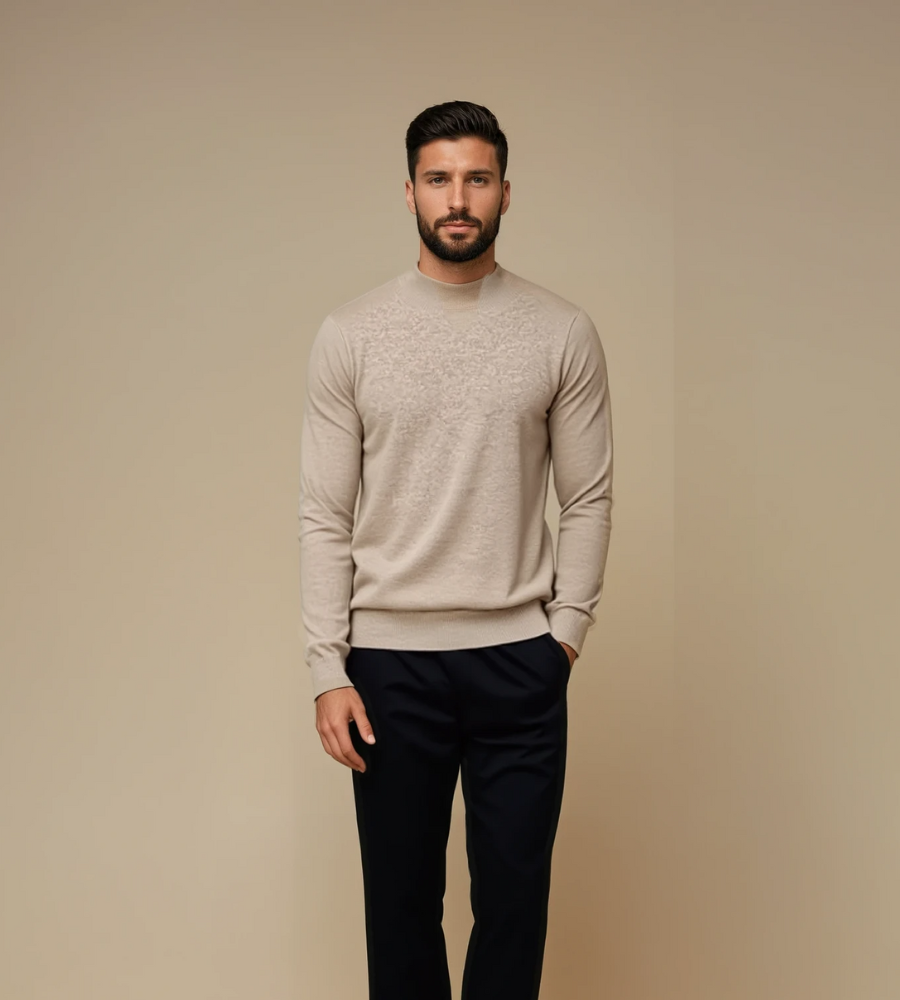 Men's beige soft knit mock neck jumper – worn by model, front view