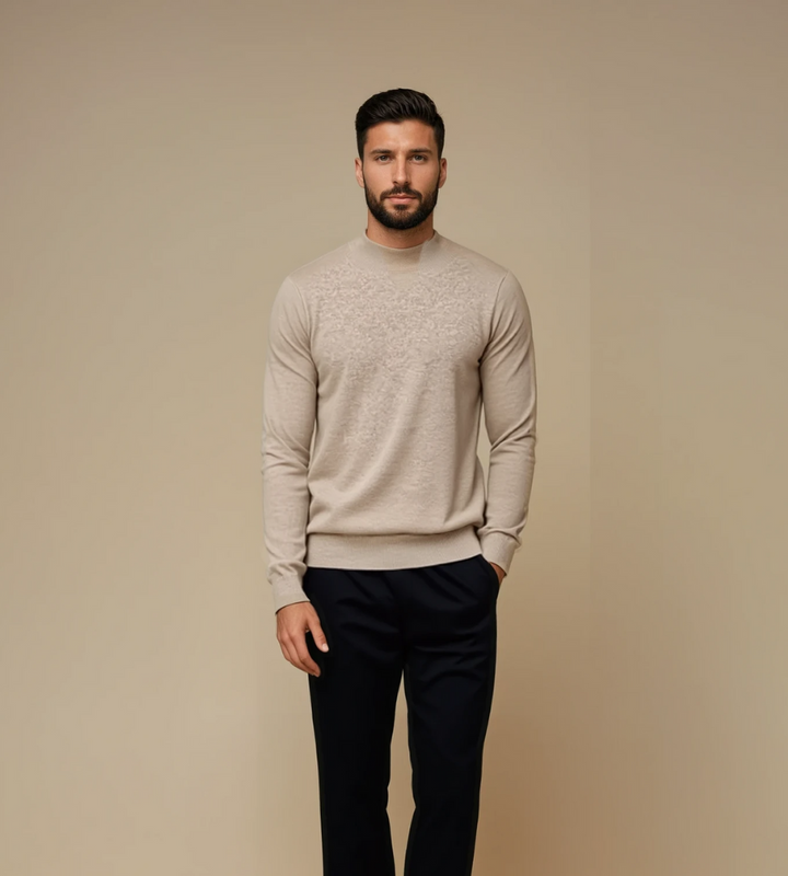Men's beige soft knit mock neck jumper – worn by model, front view