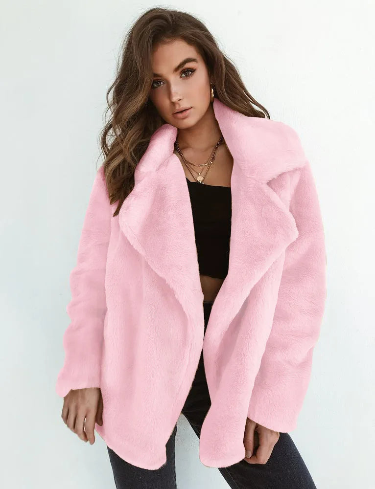 Women's Faux Fur Teddy Jacket with Wide Lapel Collar