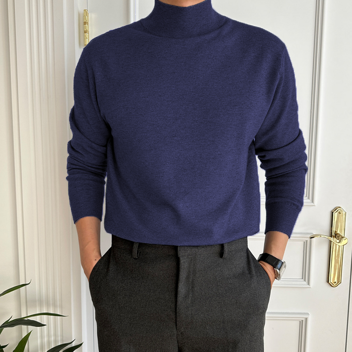 Men's fine knit mock neck jumper Piers in Navy Blue – front view