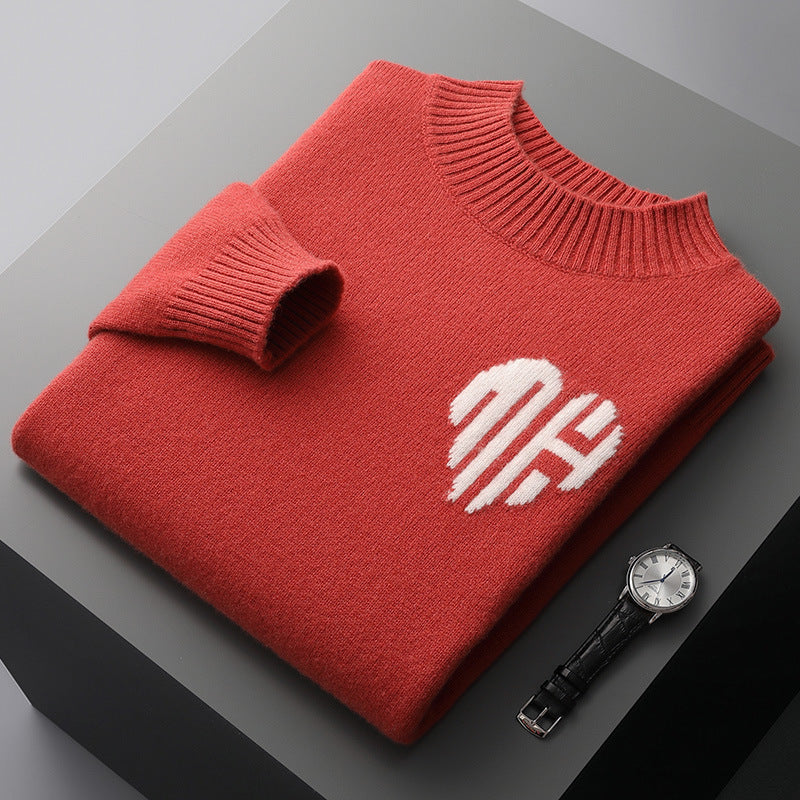 Men's soft knit mock neck jumper Ignazio in Red – folded with white heart motif