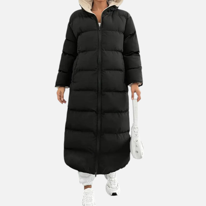 Sandsend women's longline puffer coat in Black – front view