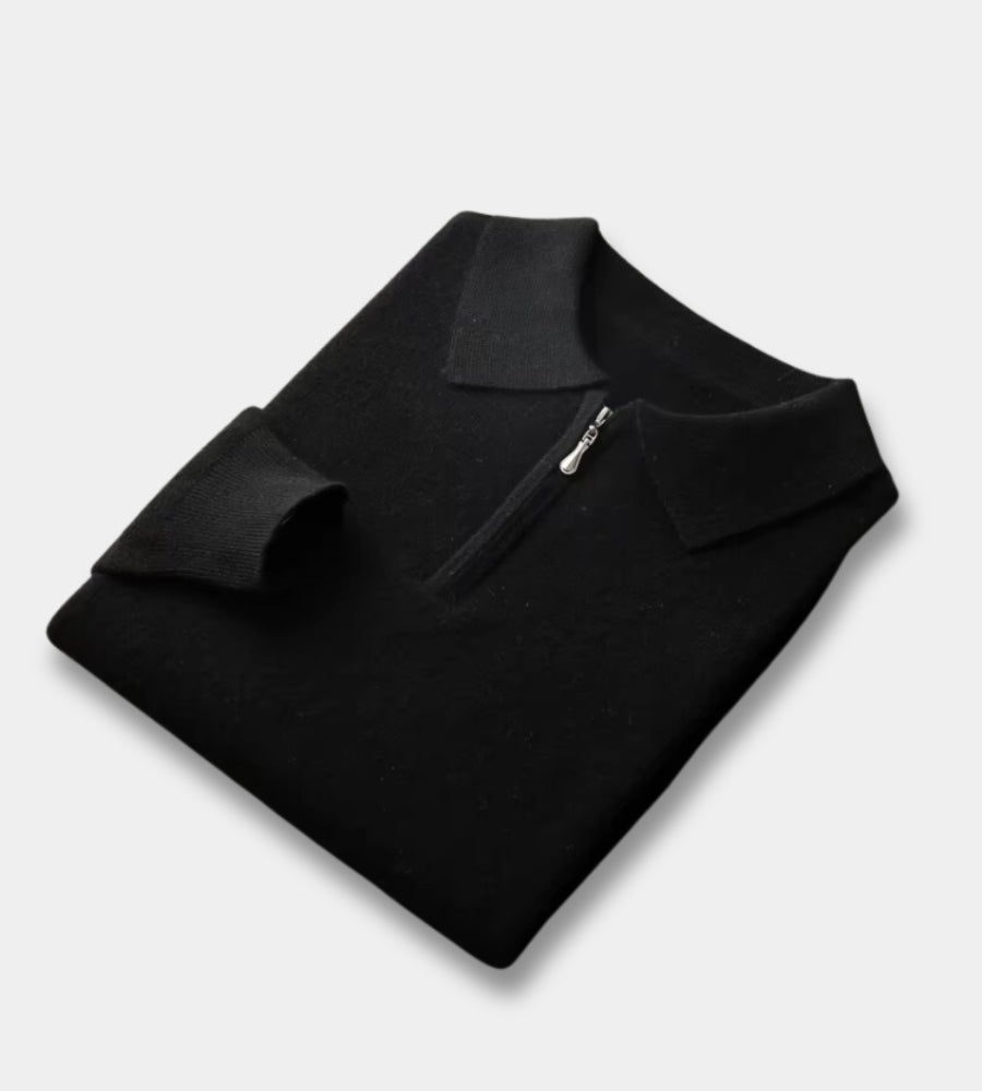 Men's black half zip knitted polo jumper – folded