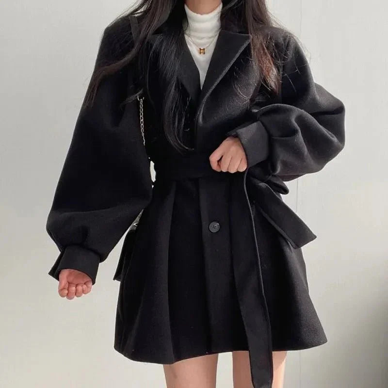 Women's belted short coat Clementina in Black – front view belted
