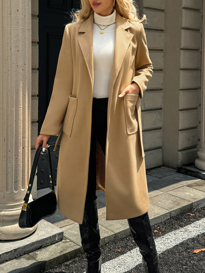 Women's belted wrap coat Romilly in Camel – worn open view