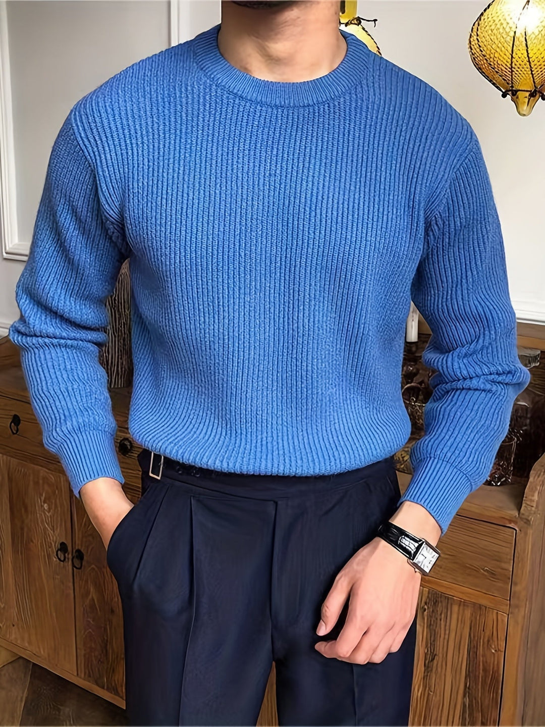 Men's ribbed crew neck jumper in blue – Quinlan – front view with navy trousers