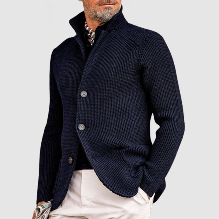 Men's stand collar knit cardigan Jorvik in Dark Blue – front view