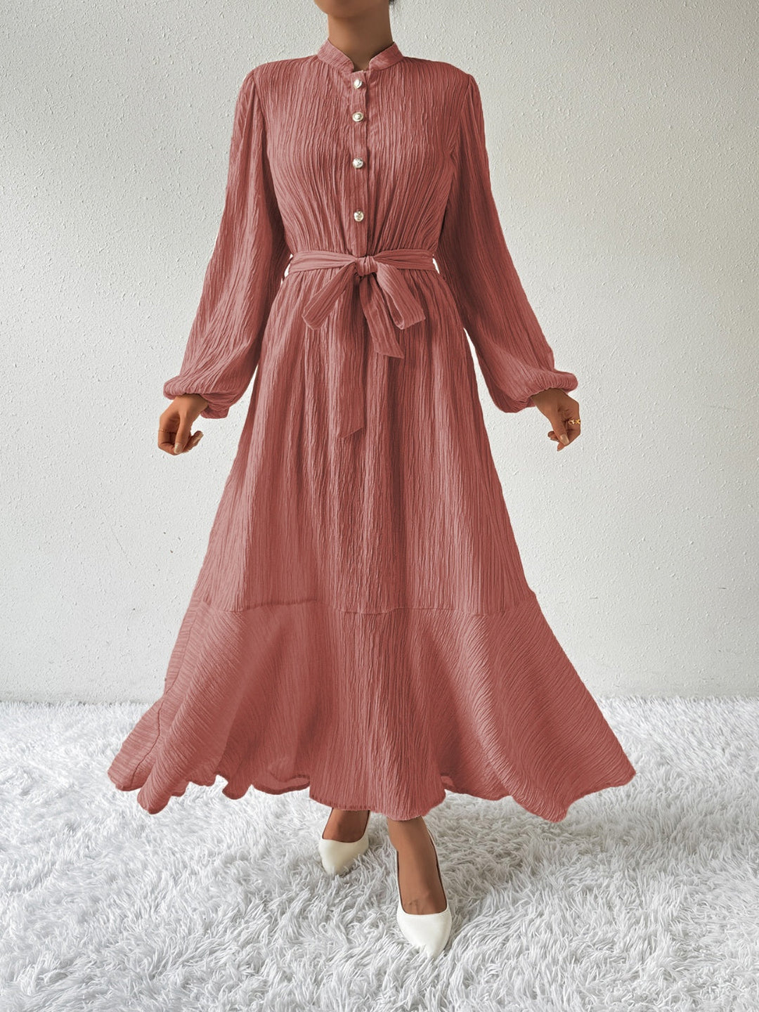 Women's Maxi Dress Button-Front Balloon Sleeve Belted