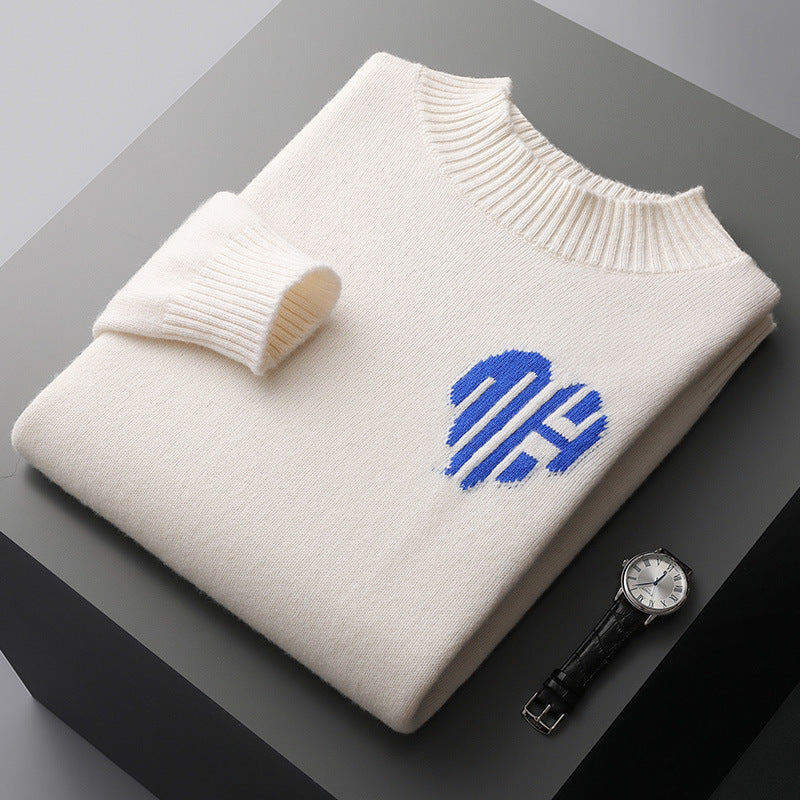 Men's soft knit mock neck jumper Ignazio in White – folded with blue heart motif