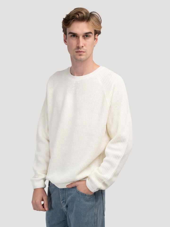 Men's Chunky Ribbed Crew Neck Jumper – Viktor in Off-White, three-quarter view