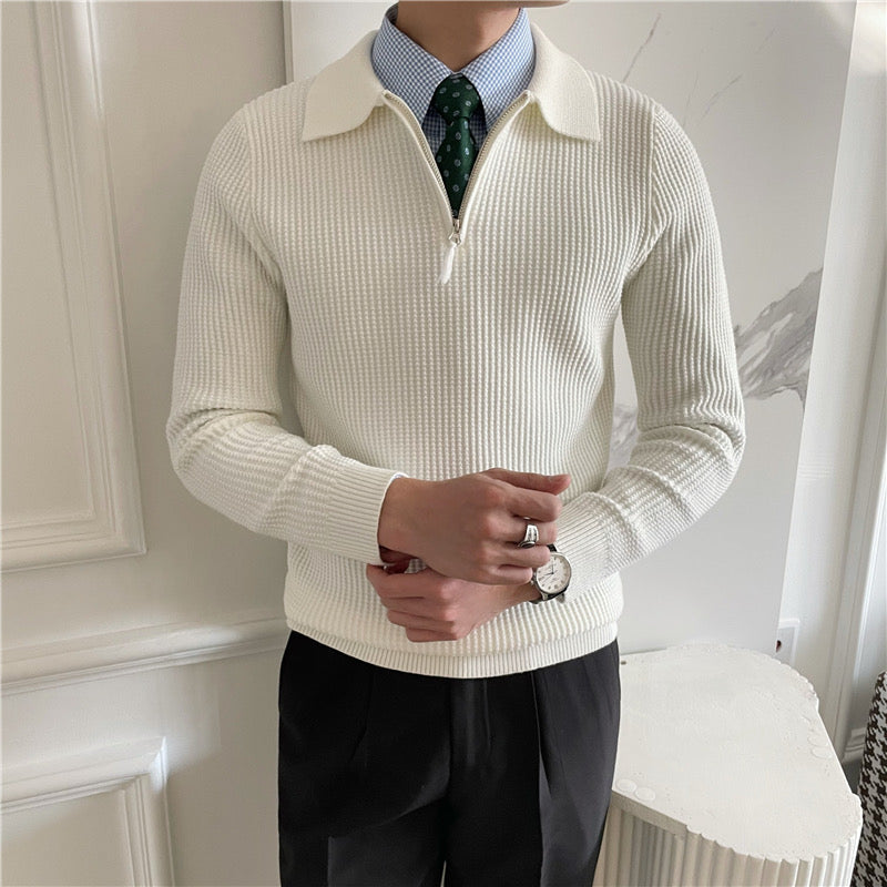 Men's waffle knit half zip polo jumper in white – Sylar – close-up front view