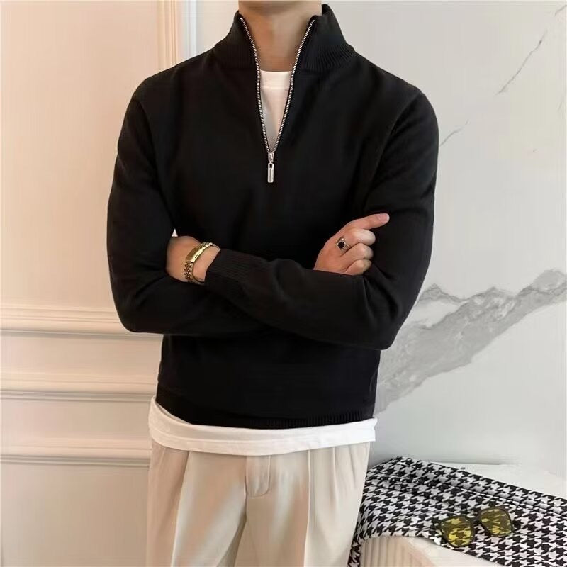 Men's fine knit quarter zip jumper in black – Oberon – arms crossed