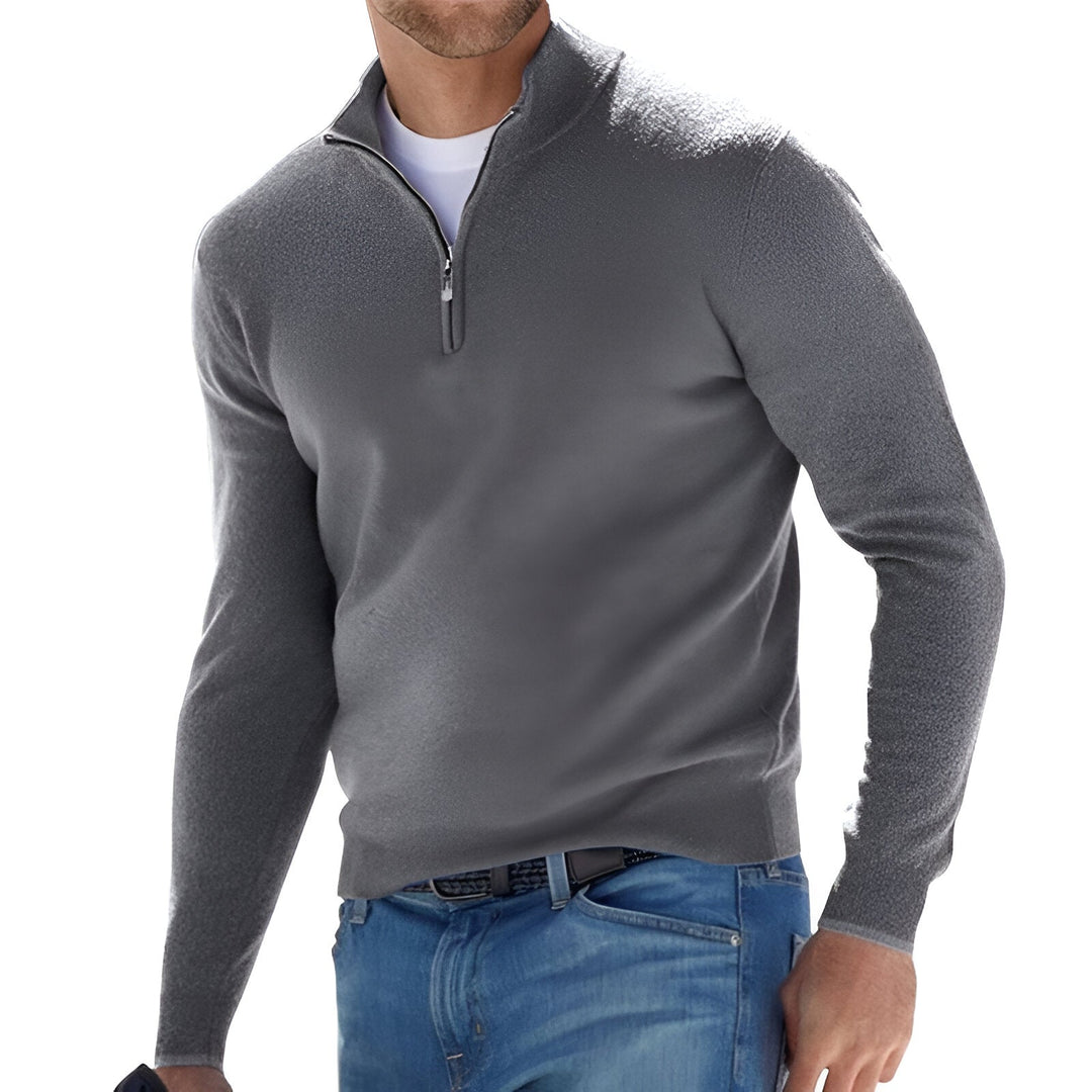 Men's grey fine knit half zip jumper – front view