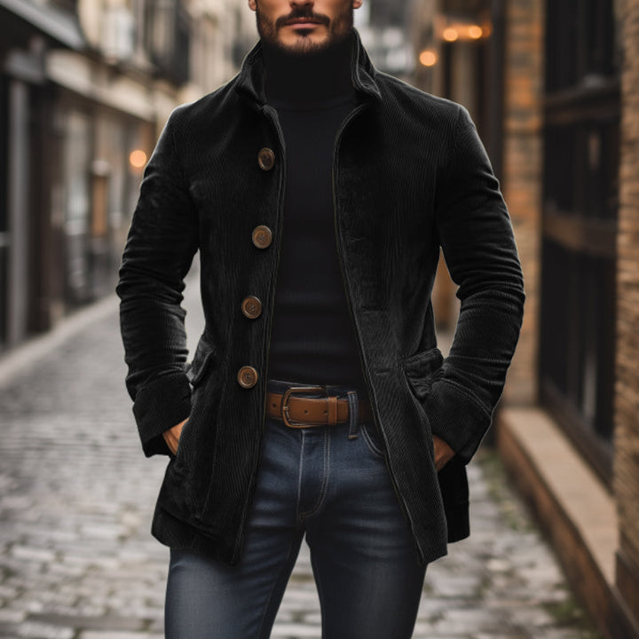 Men's corduroy coat Dorrington in Black – single-breasted style, worn outdoors