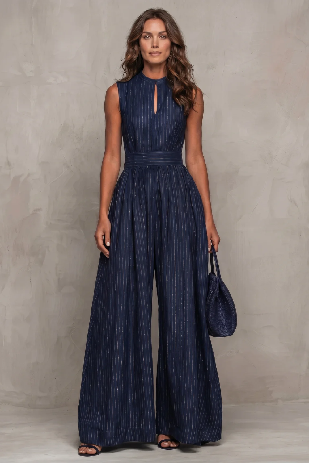 Women's Striped Wide Leg Jumpsuit with Keyhole Neckline - Ambrielle