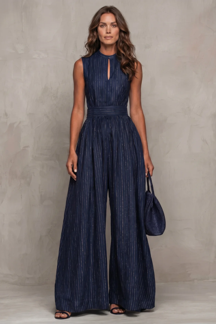 Women's Striped Wide Leg Jumpsuit with Keyhole Neckline - Ambrielle