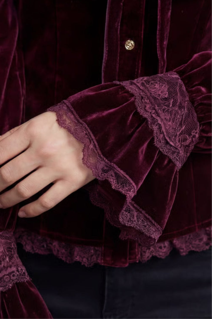 Women's Velvet Blouse with Ruffled Lace High Neck - Stellienne