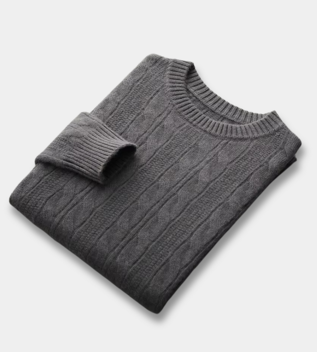 Men's dark grey cable knit crew neck jumper – folded