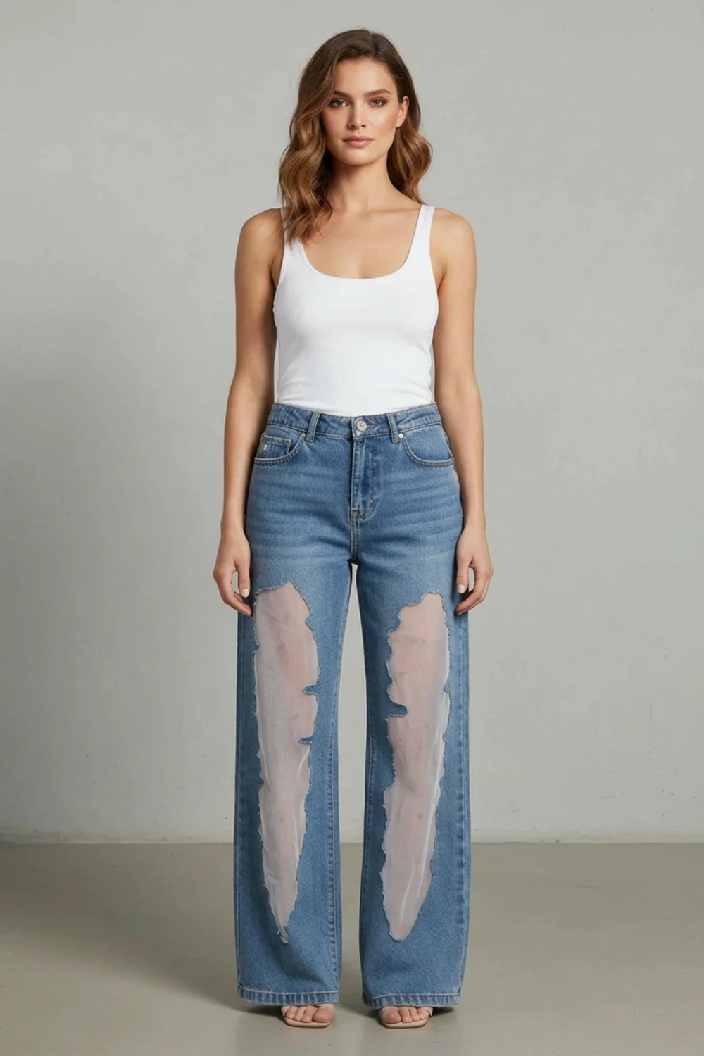 Women's High Waisted Wide Leg Patchwork Jeans - Ondrelle