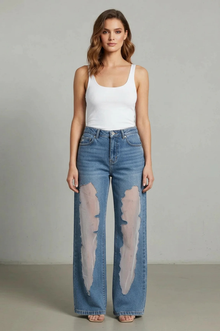 Women's High Waisted Wide Leg Patchwork Jeans - Ondrelle