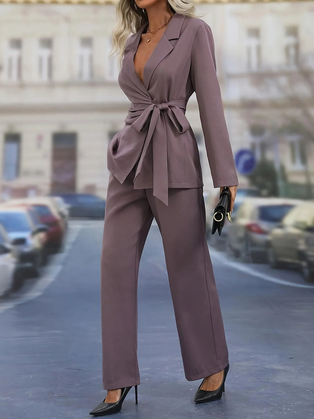 Women's Tailored Blazer Suit Set with Tie Waist Belt
