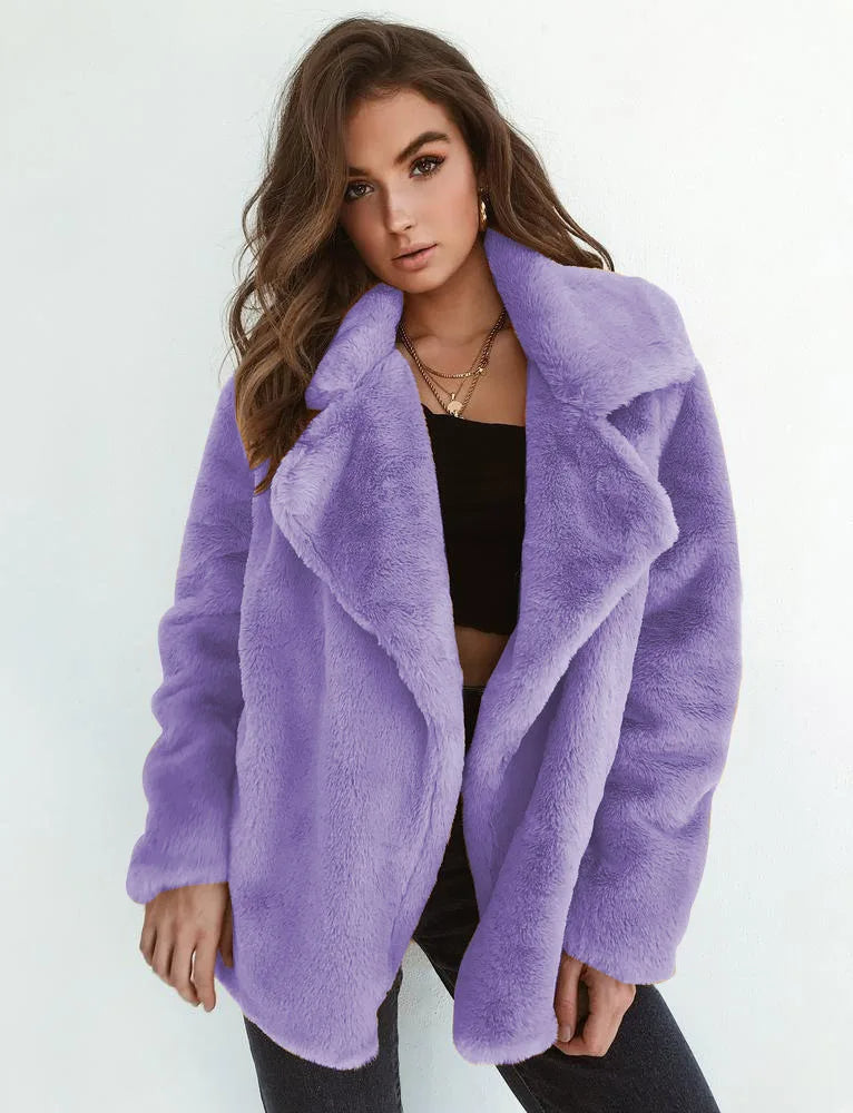Women's Faux Fur Teddy Jacket with Wide Lapel Collar