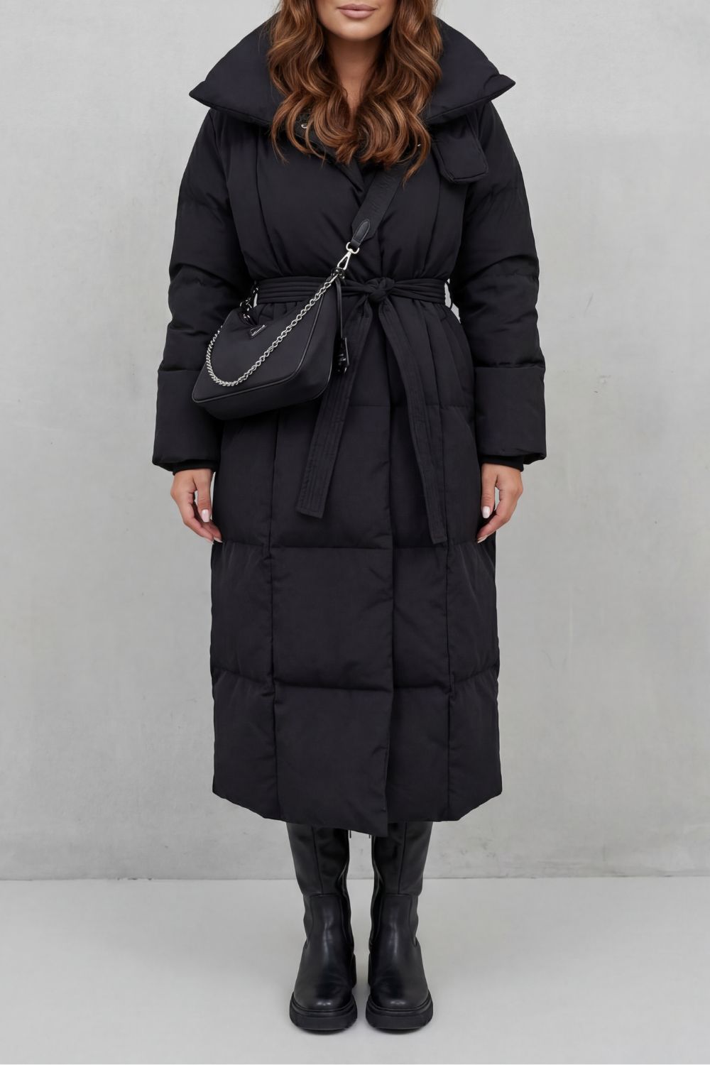 Women's Belted Long Puffer Coat with Silhouette Design – Ines