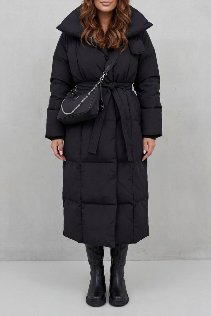 Women's Belted Long Puffer Coat with Silhouette Design – Ines
