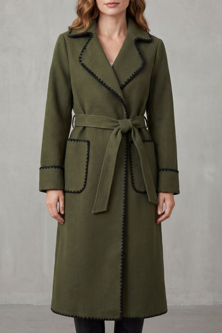 Women's Longline Belted Coat with Contrast Trim – Esme