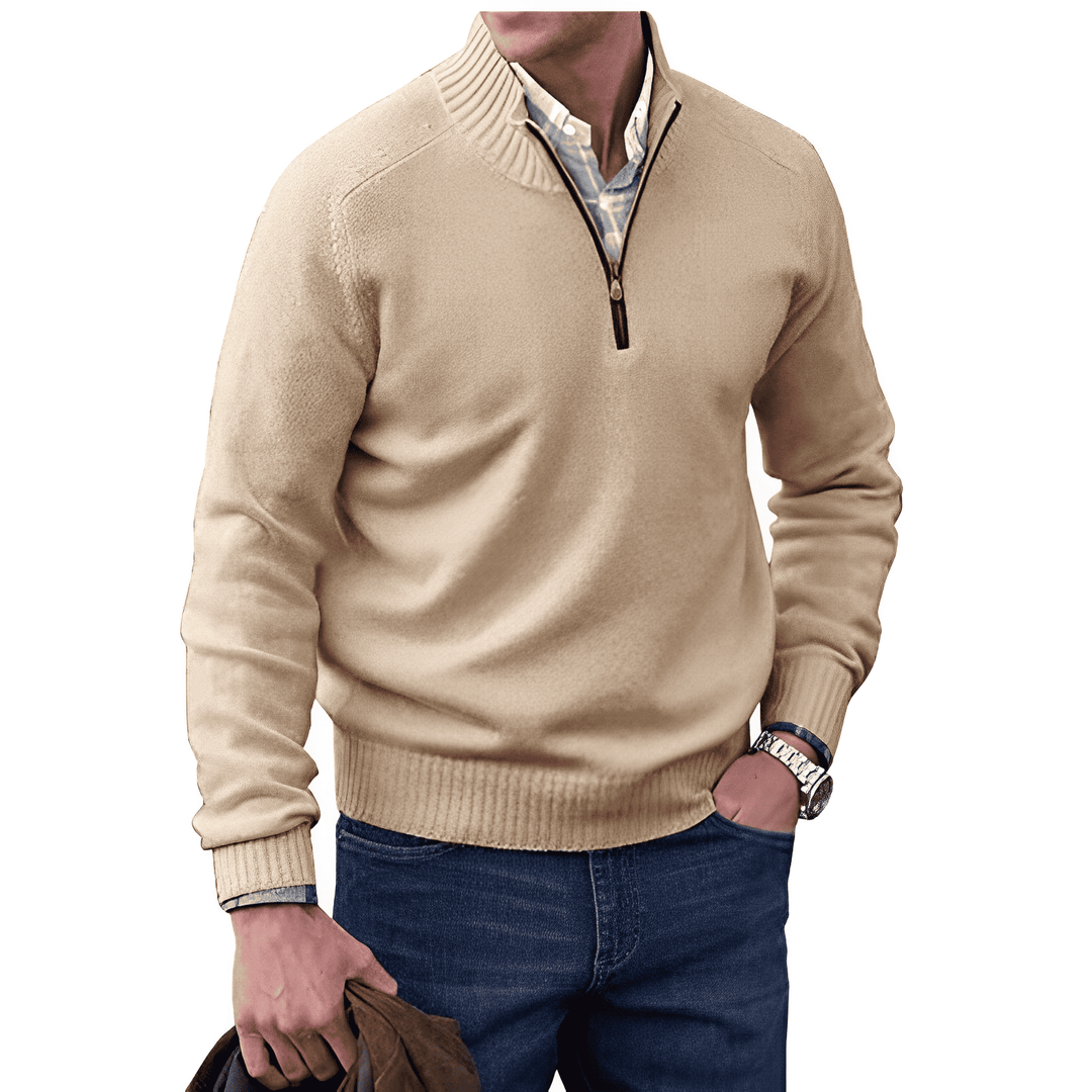 Men's soft knit quarter zip jumper Linton in Beige – worn over a shirt with jeans