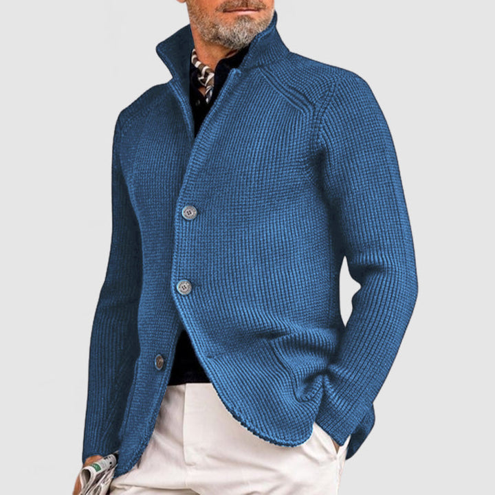 Men's stand collar knit cardigan Jorvik in Blue – front view
