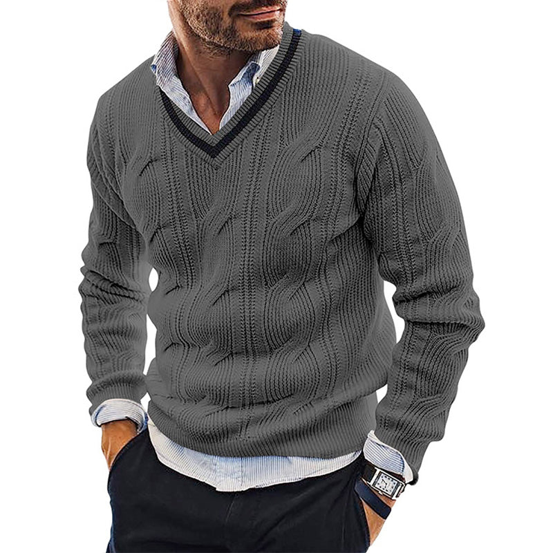 Men's Cable Knit V-Neck Cricket Jumper – Corwin in Grey, front view