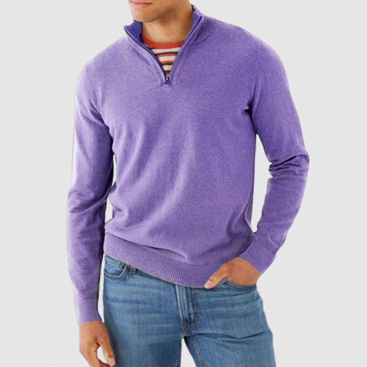 Men's Fine Knit Quarter Zip Jumper – Zarek in Purple, front view