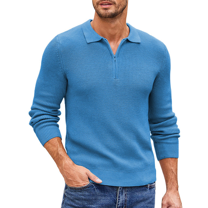Men's Ribbed Zip Polo Jumper – Hambledon in Blue, front view