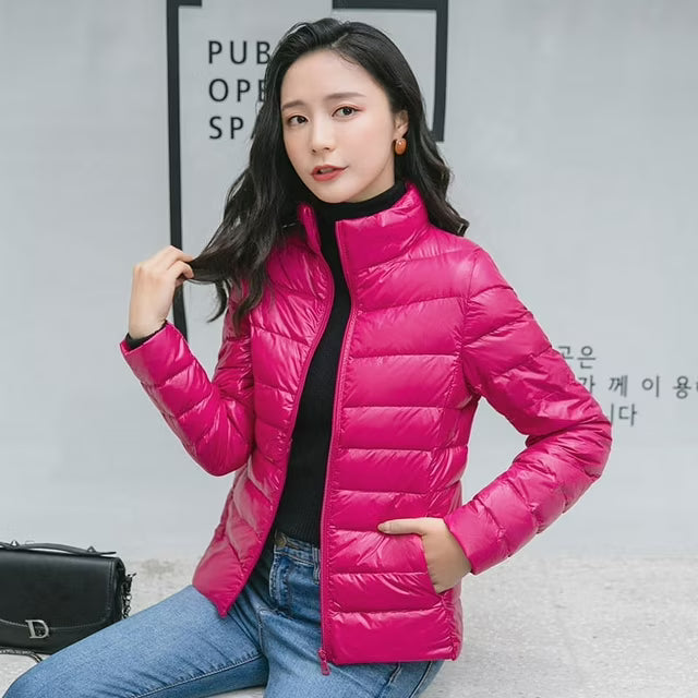 Marlborough women's quilted puffer jacket in Fuchsia – front view