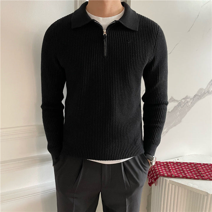 Men's waffle knit half zip polo jumper in black – Sylar – front view over T-shirt