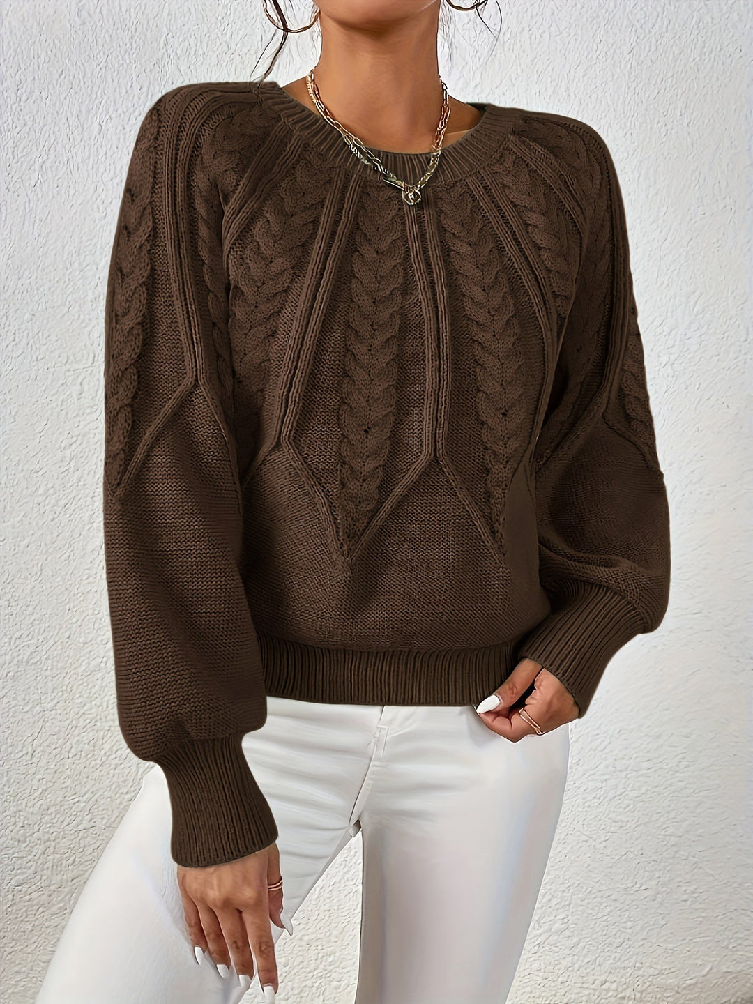 Women's cable knit jumper Ulla in Coffee Brown – full model view