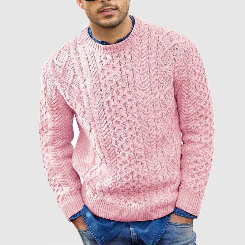 Men's cable knit crew neck jumper Zevran in Pink – front view worn over a denim shirt