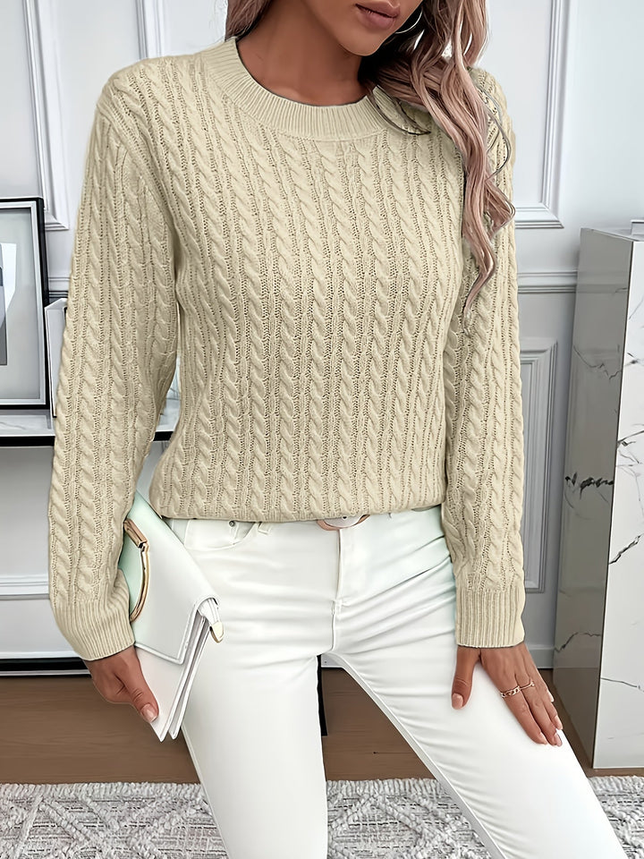 Women's cable knit jumper Rosalina in Khaki – styled with white bag