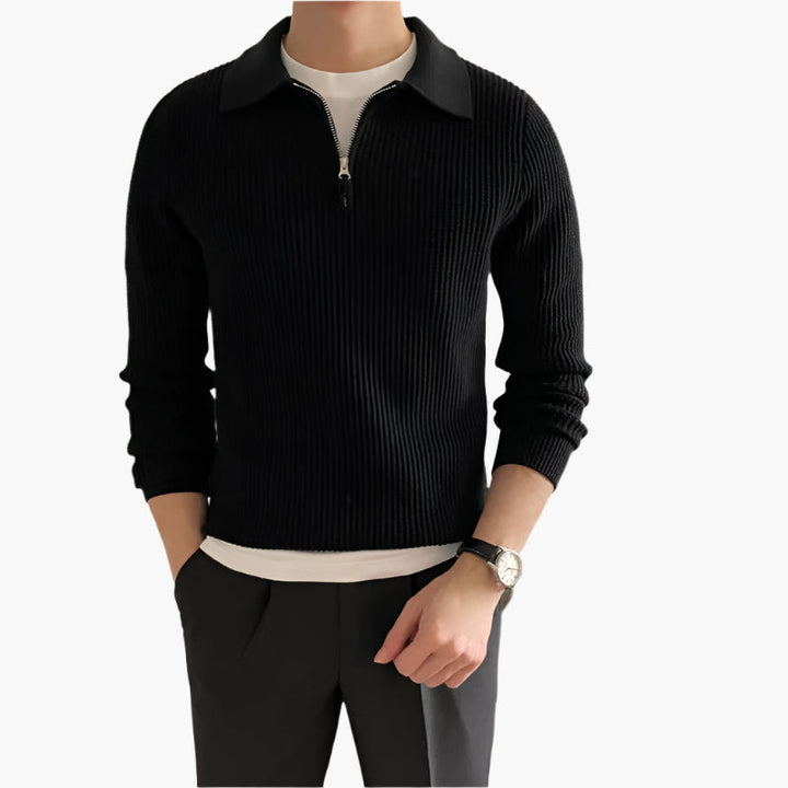 Men's waffle knit half zip polo jumper in black – Sylar – front view