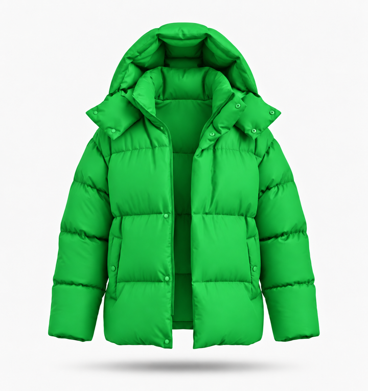 Malham women's hooded puffer jacket in Kelly Green – front view