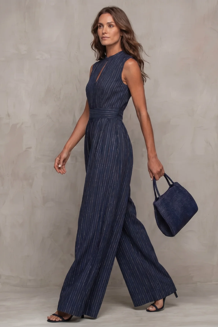 Women's Striped Wide Leg Jumpsuit with Keyhole Neckline - Ambrielle