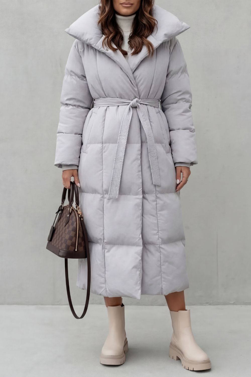 Women's Belted Long Puffer Coat with Silhouette Design – Ines