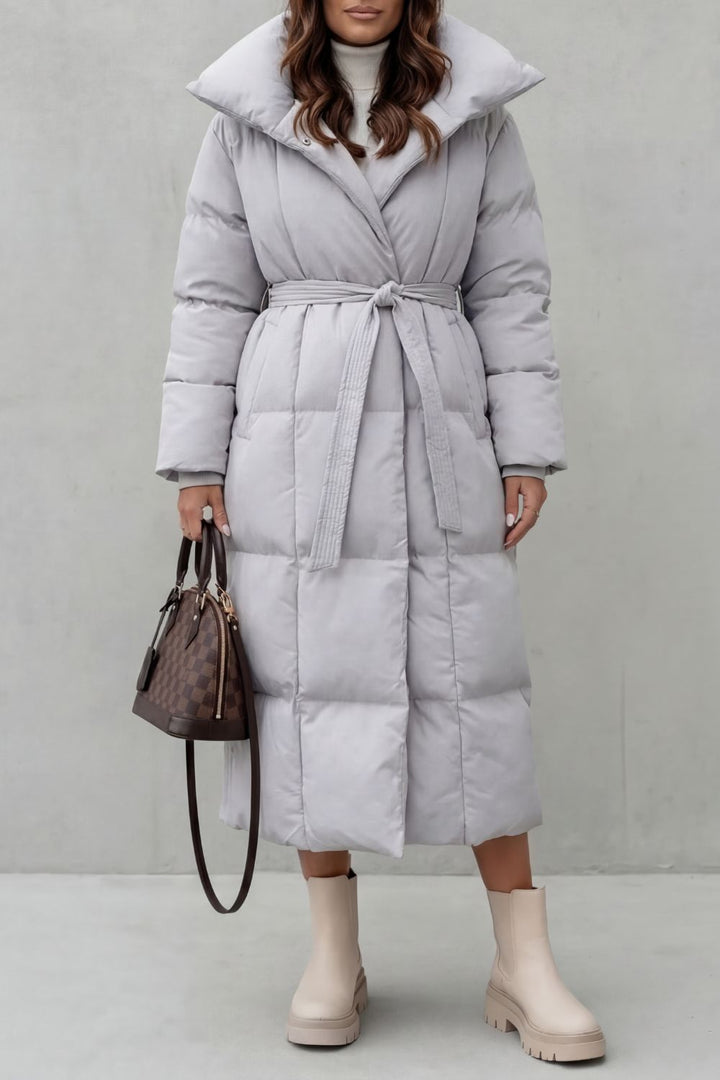 Women's Belted Long Puffer Coat with Silhouette Design – Ines