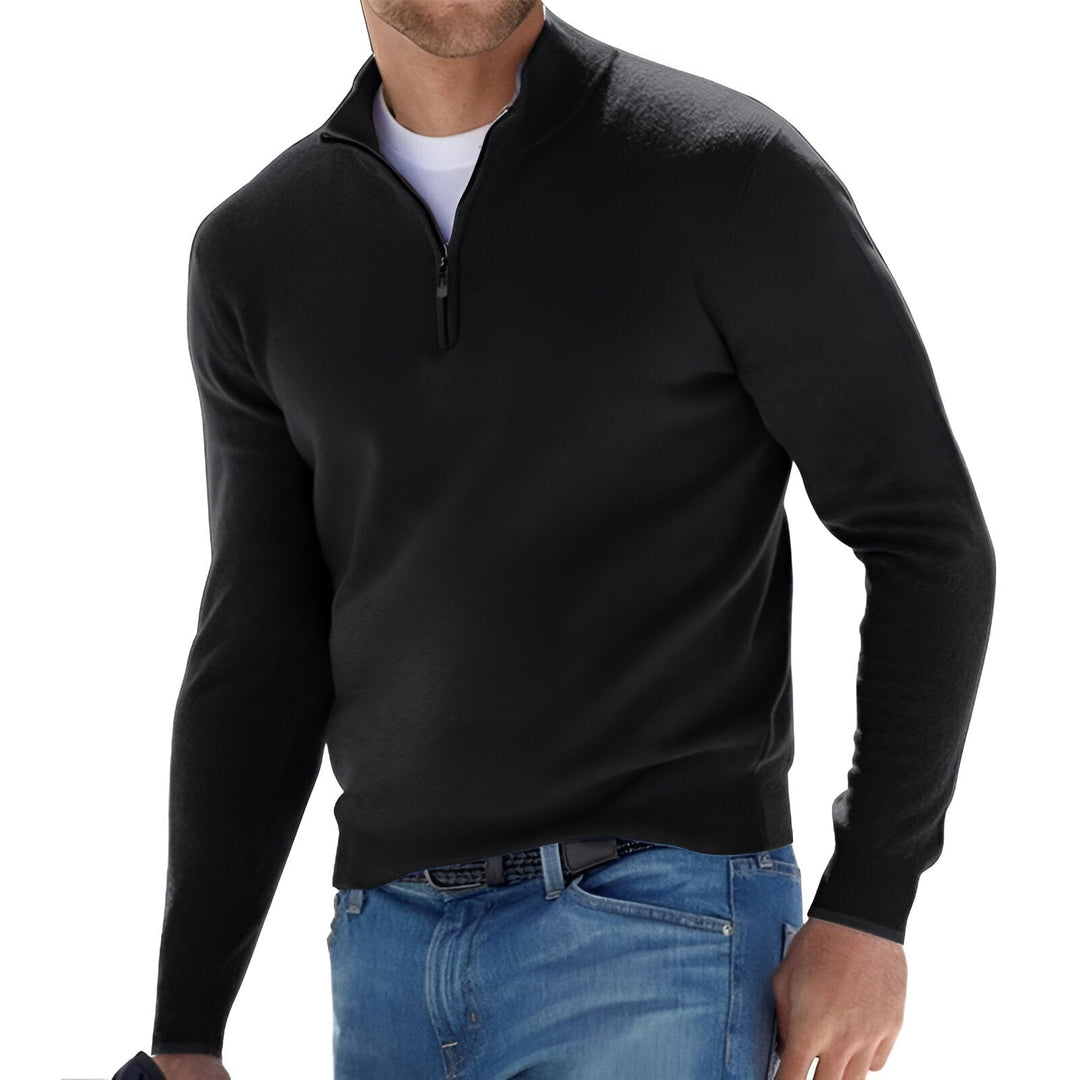 Men's black fine knit half zip jumper – front view