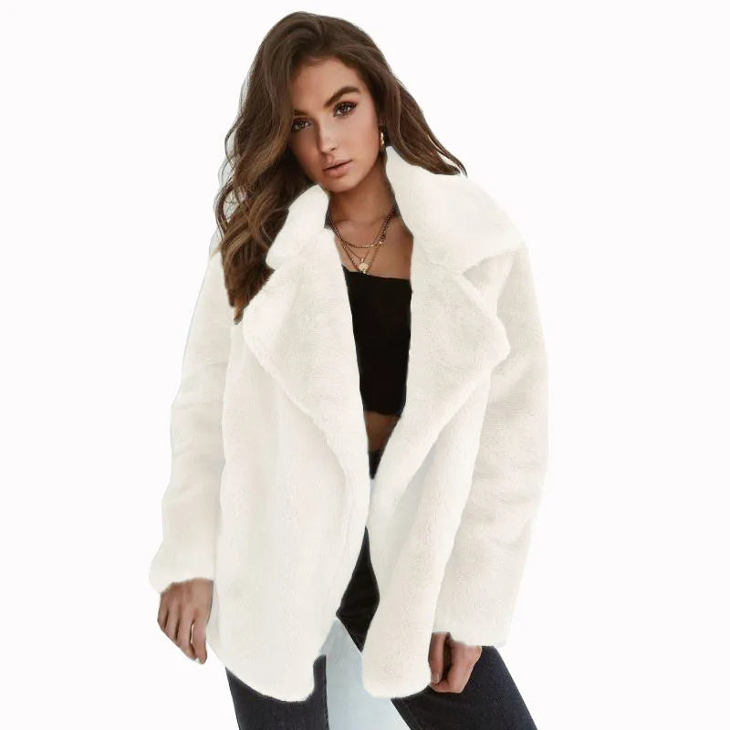 Women's Faux Fur Teddy Jacket with Wide Lapel Collar