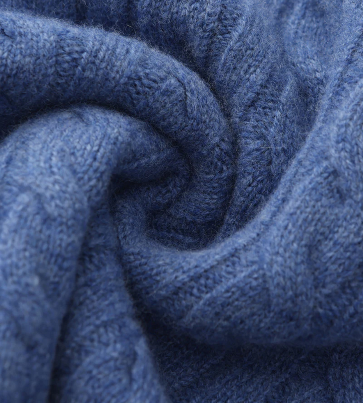 Blue cable knit quarter zip jumper – close-up of soft knit texture