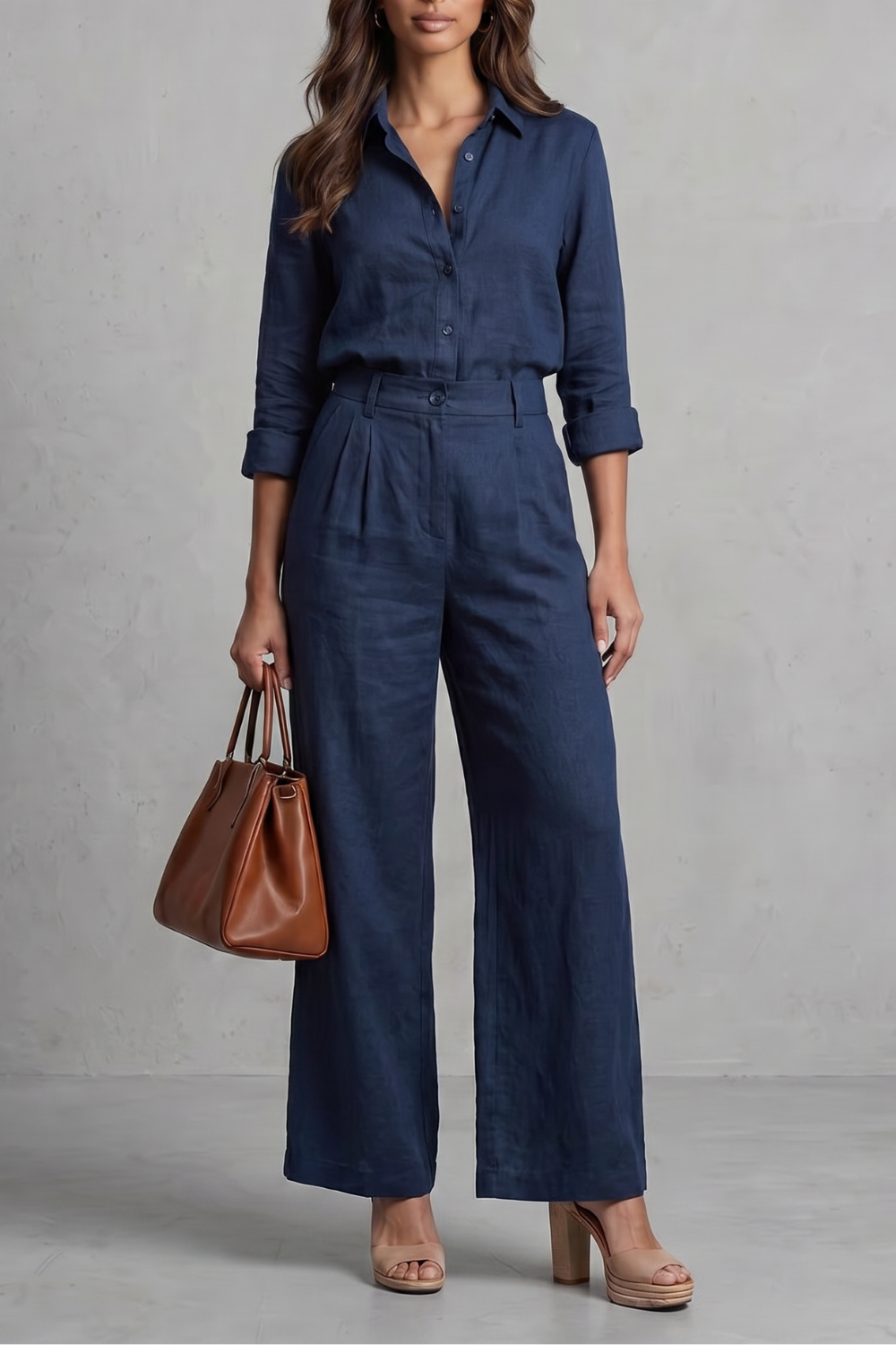 Women's Linen Look Shirt and Wide-Leg Trouser Co-ord Set - Delphiere