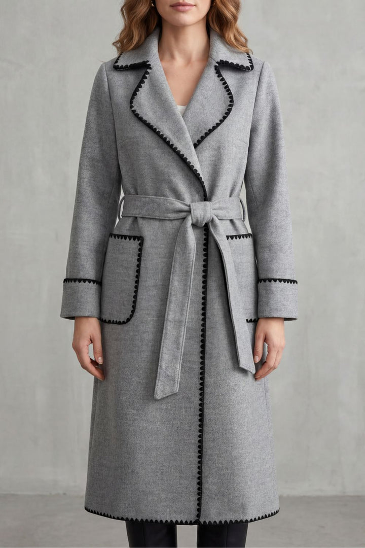 Women's Longline Belted Coat with Contrast Trim – Esme